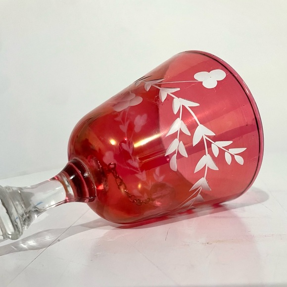 Vintage Dinner Bell Cranberry Ruby Red Etched Floral Glass - Picture 7 of 12